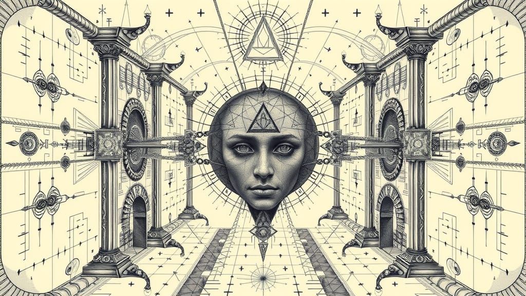 Mystical Architecture Framing Distorted Face in Outsider Art