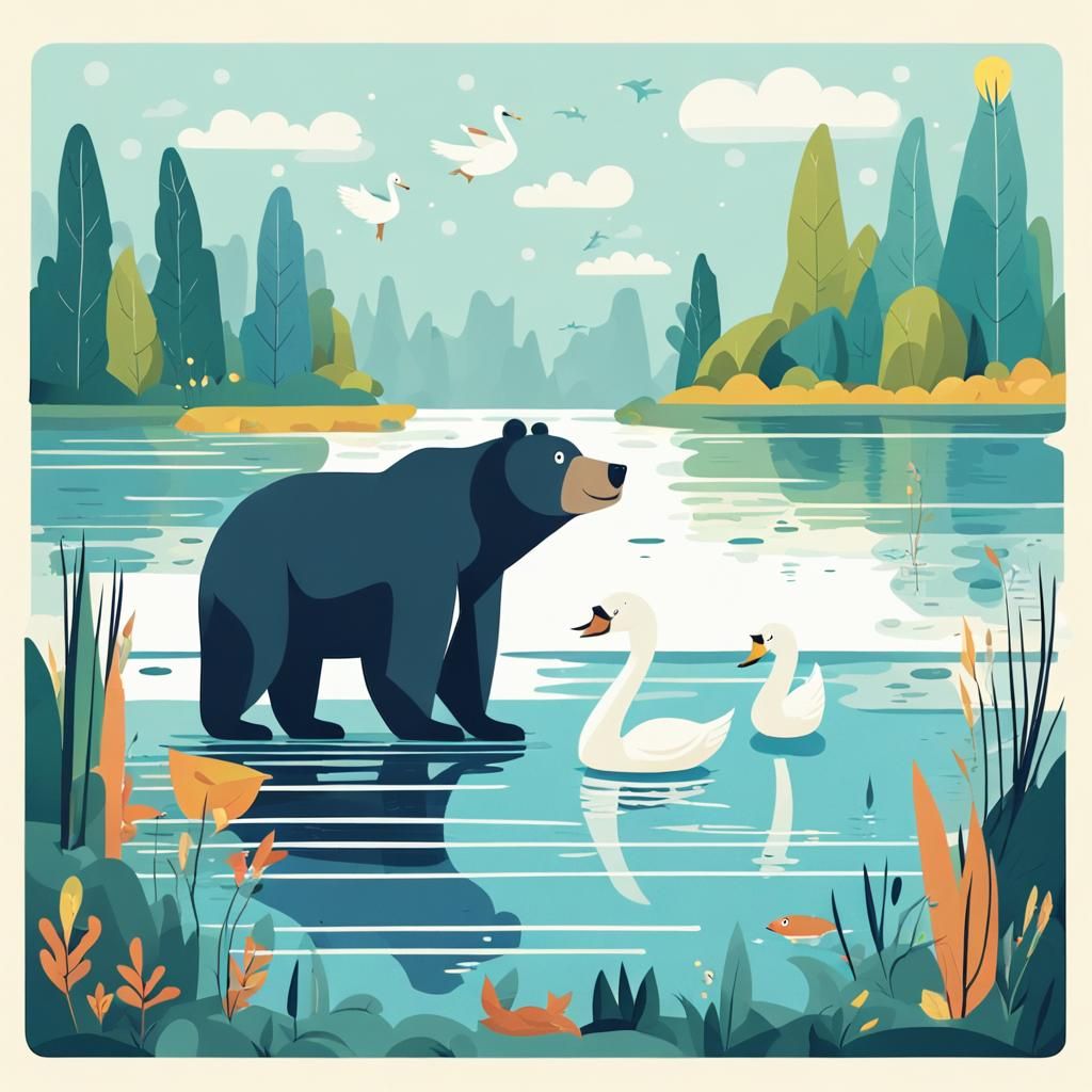 Cartoon Bear and Swan Chat by River