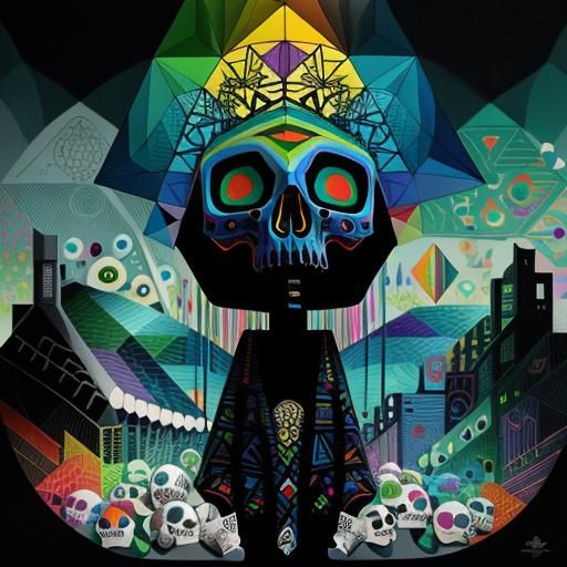 Rainbow Geometric Skull in Pop Surrealist Style