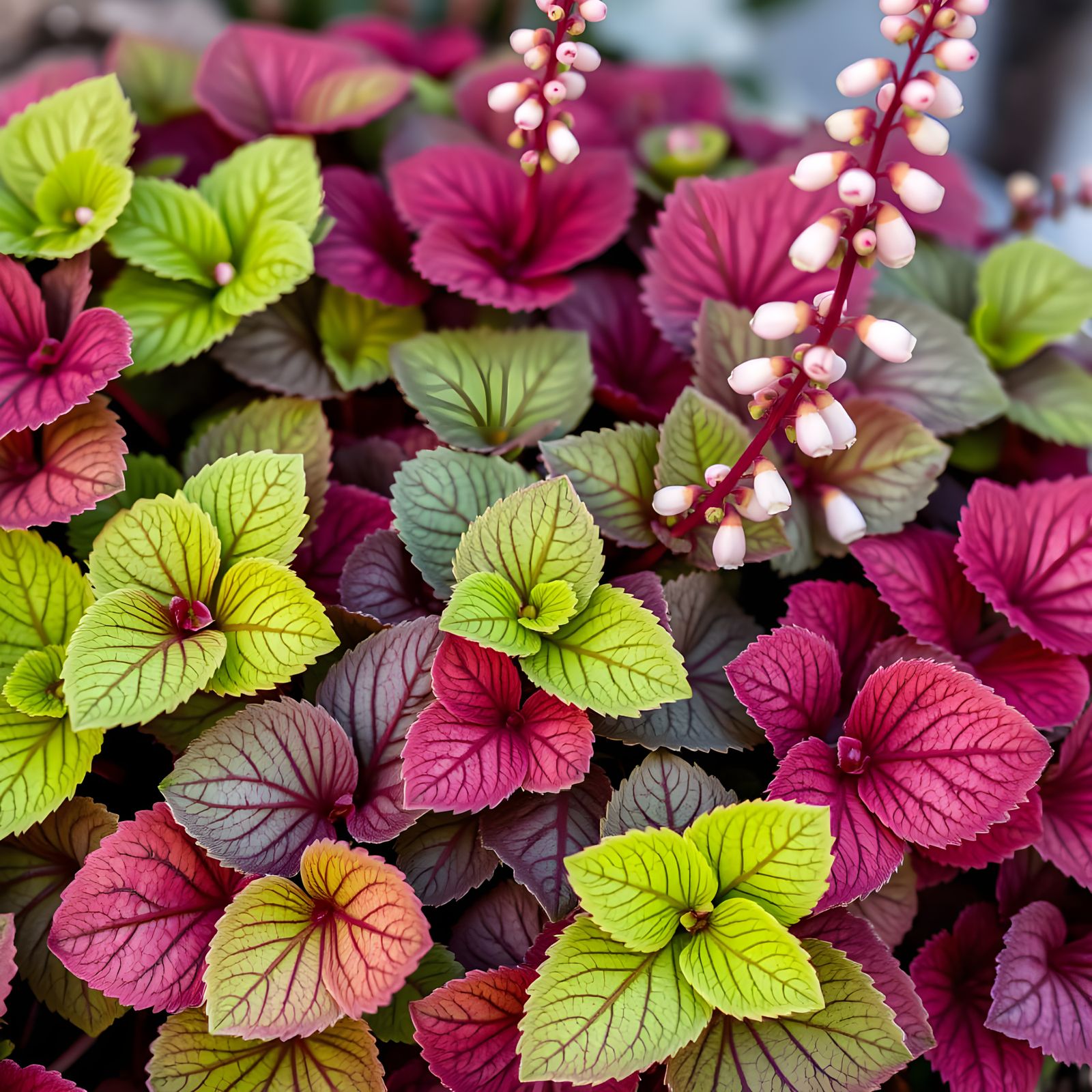 Hyper-Realistic Coral Bells in Vibrant Greens and Purples
