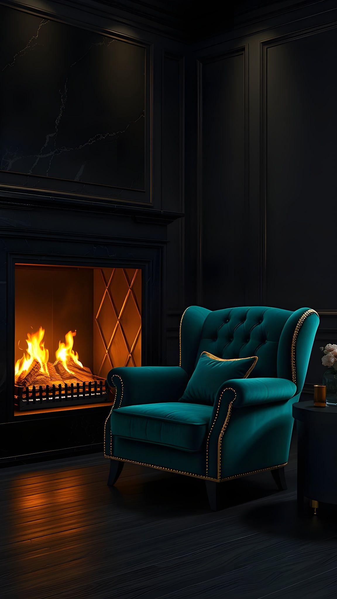 Luxurious Emerald Armchair by Fireplace, Detailed Matte Pain...