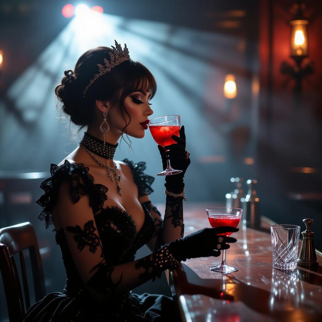 Gothic Dancer Sips Ruby Cocktail in Dimly Lit Bar