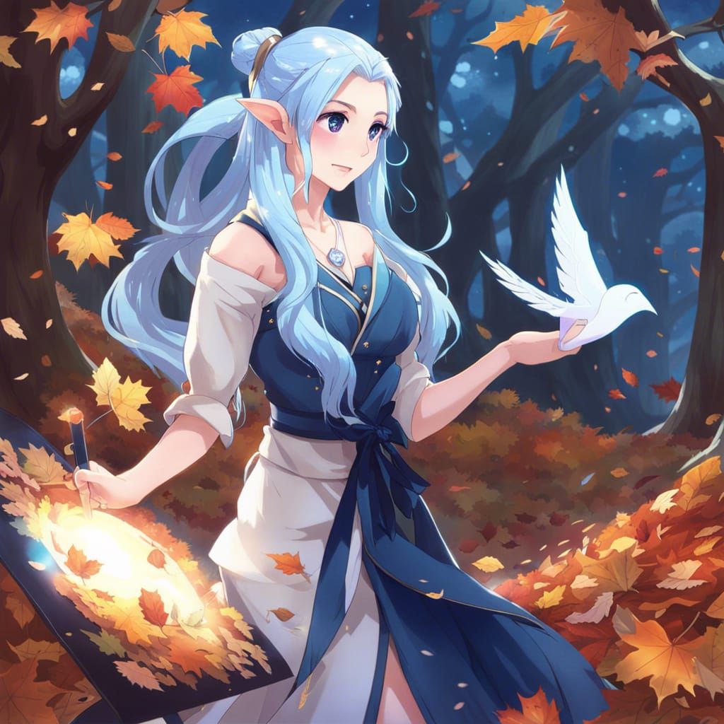Elf Druid Painting Self-Portrait in Anime Style