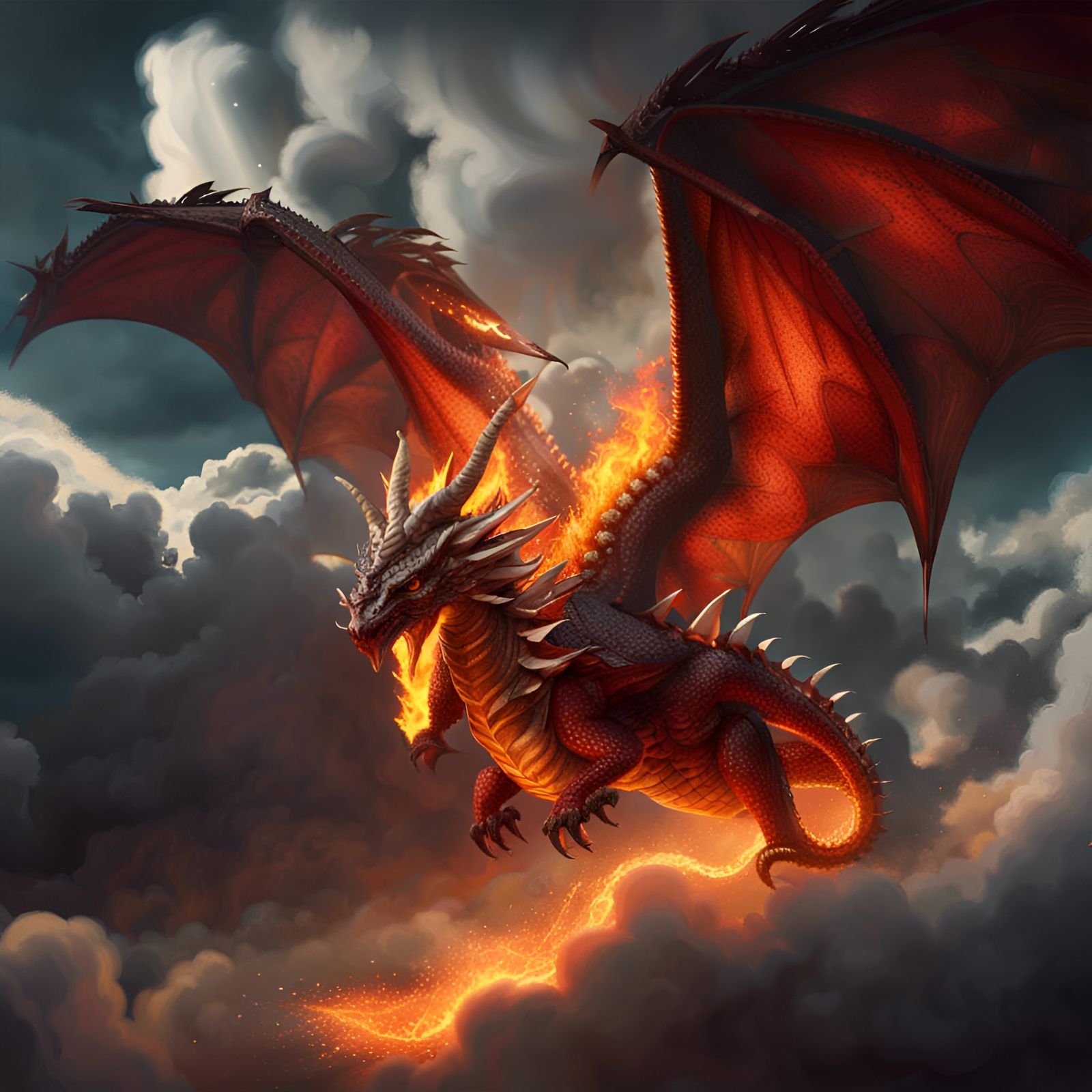 Majestic Fire Dragon Soaring in Clouds