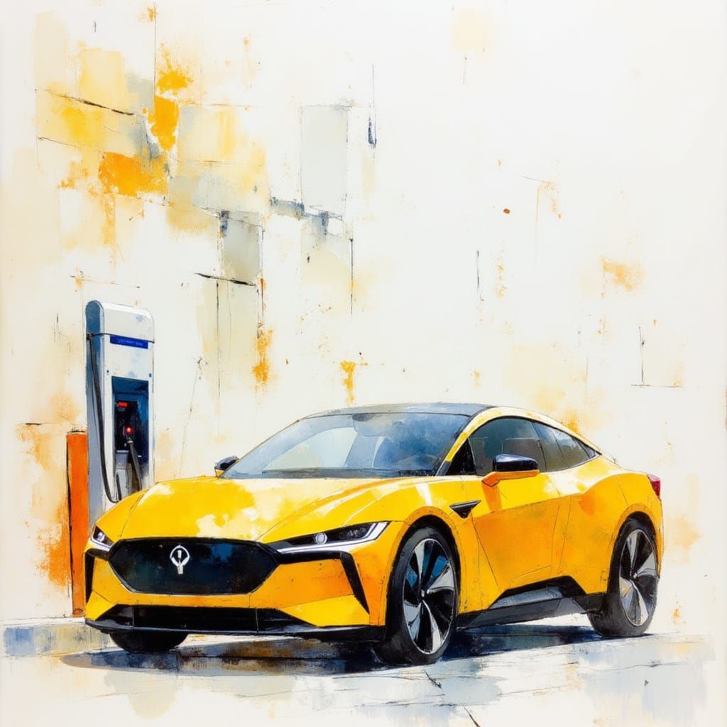 Futuristic Yellow Electric Car in Watercolor Style