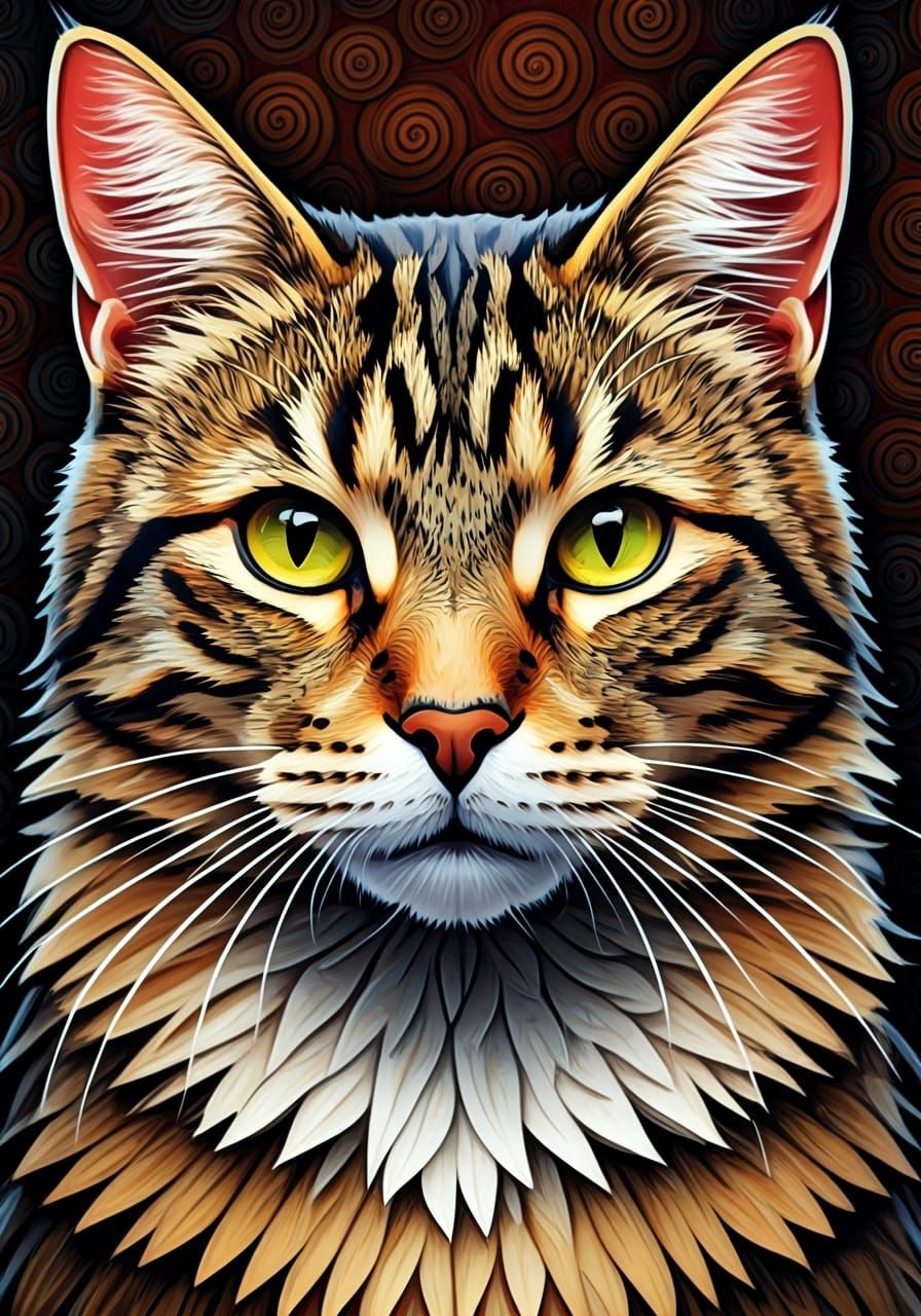 Mosaic Cat Portrait in Earthy Tones and Cubist Style