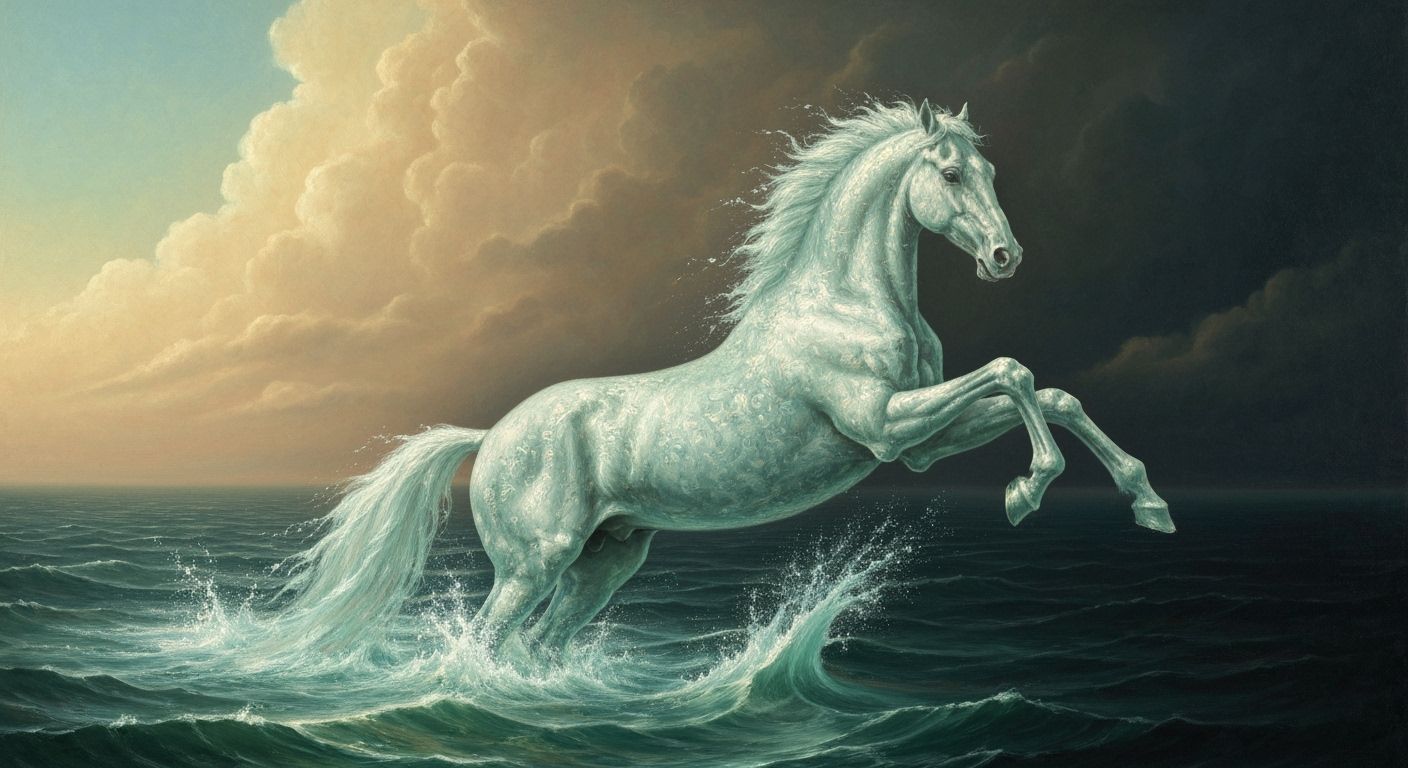 Water Horse Leaping from Sea: Baroque Oil Painting