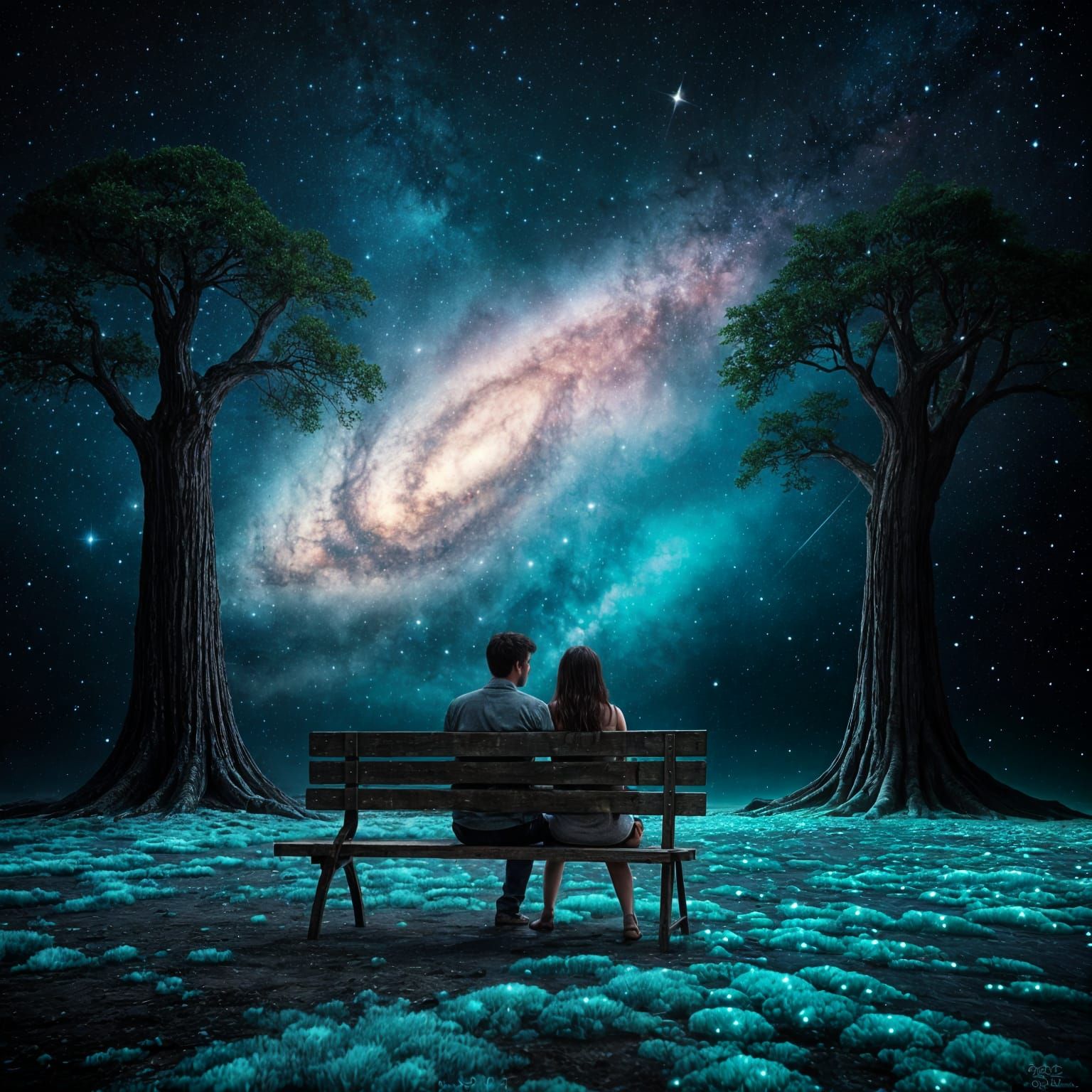 Couple Gazing at Stars Between Giant Trees