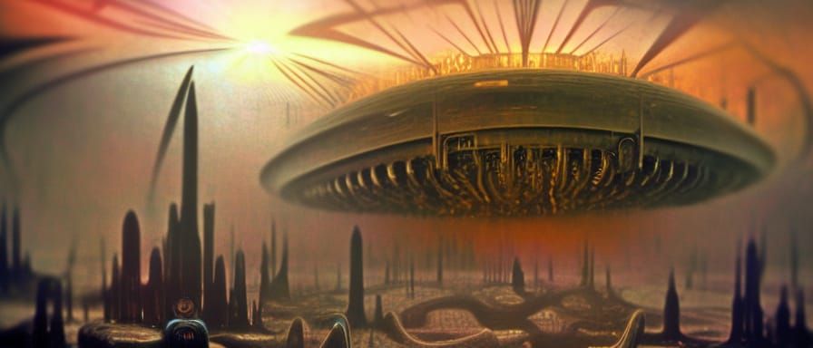 Futuristic Cloud City Over Eldritch Ruins in Psychedelic Art