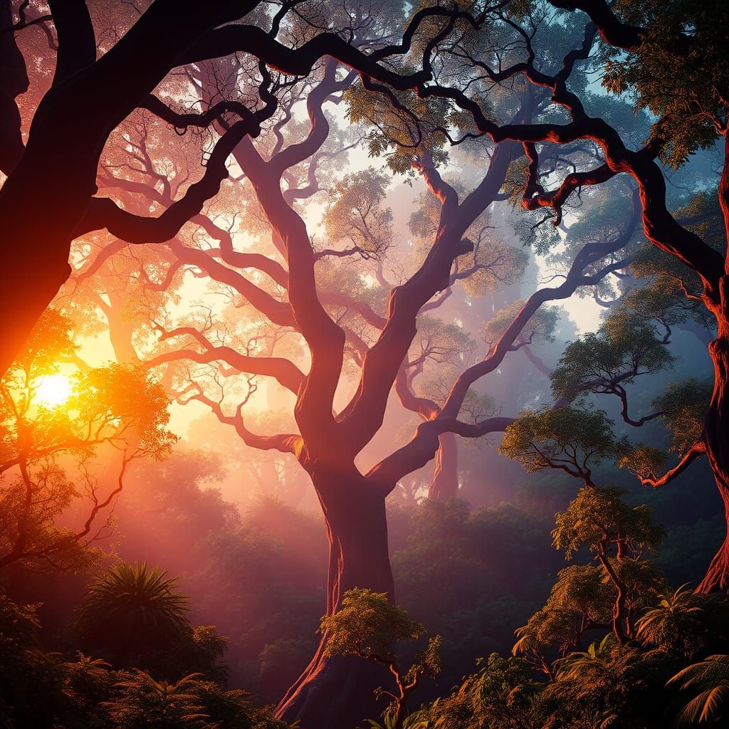 Ethereal Dusk Forest, in a Maximalist Style