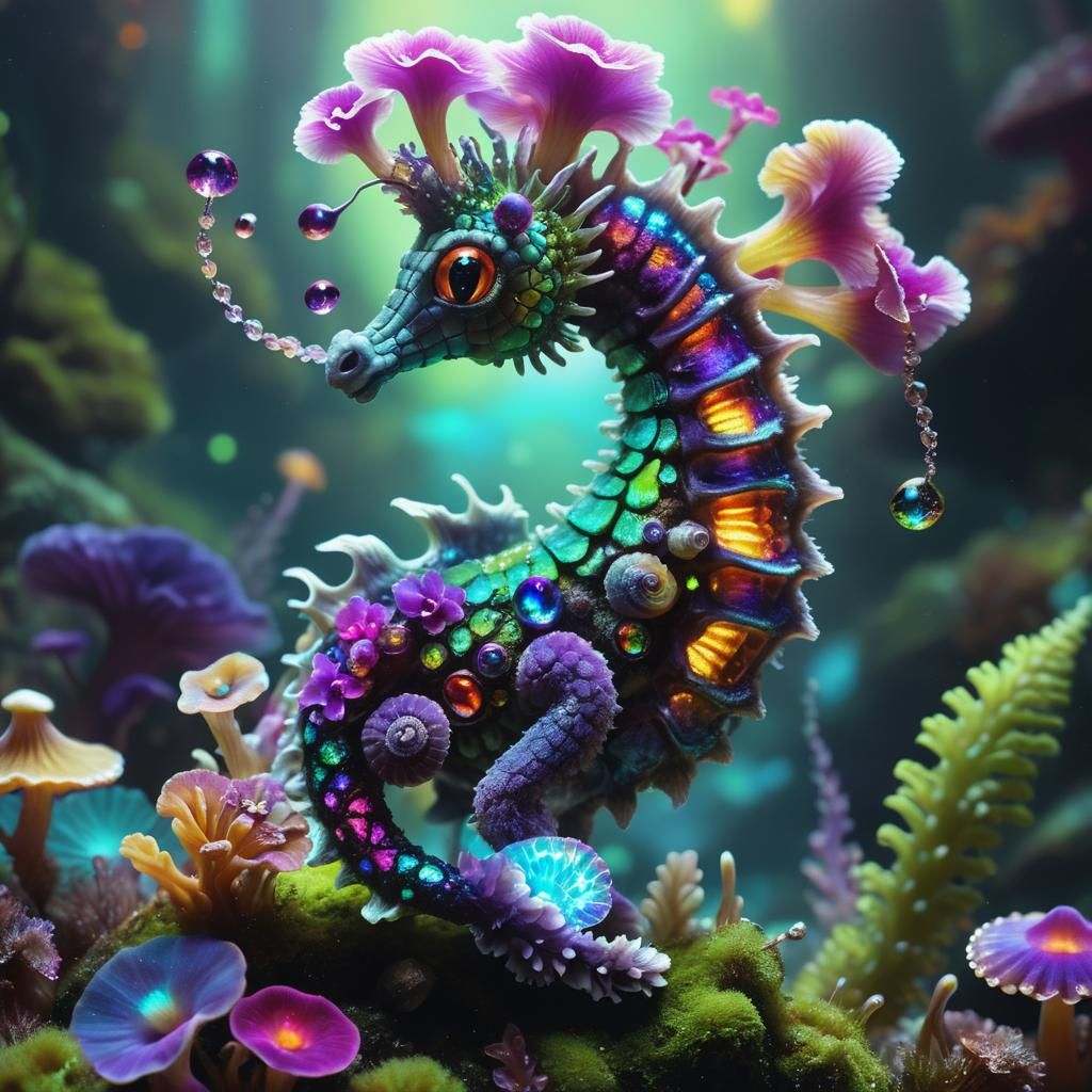 Rainbow Seahorse Flight Through Bioluminescent Mushroom Worl...