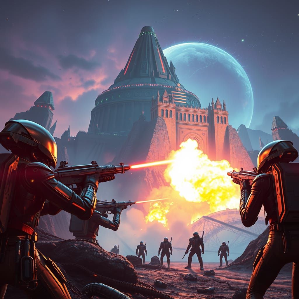 Alien Soldiers Unleash Atomic Fury on Futuristic Mountain Fo...