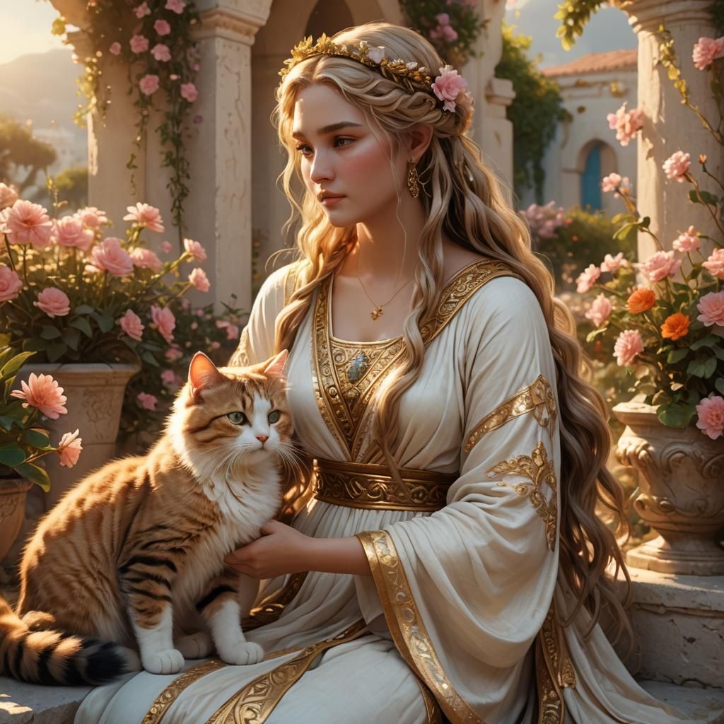 Aphrodite and Cat in Golden Light
