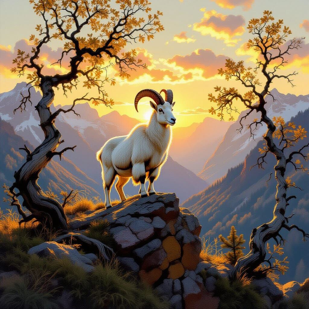 Majestic Mountain Goat Peak at Sunset, Painterly Style