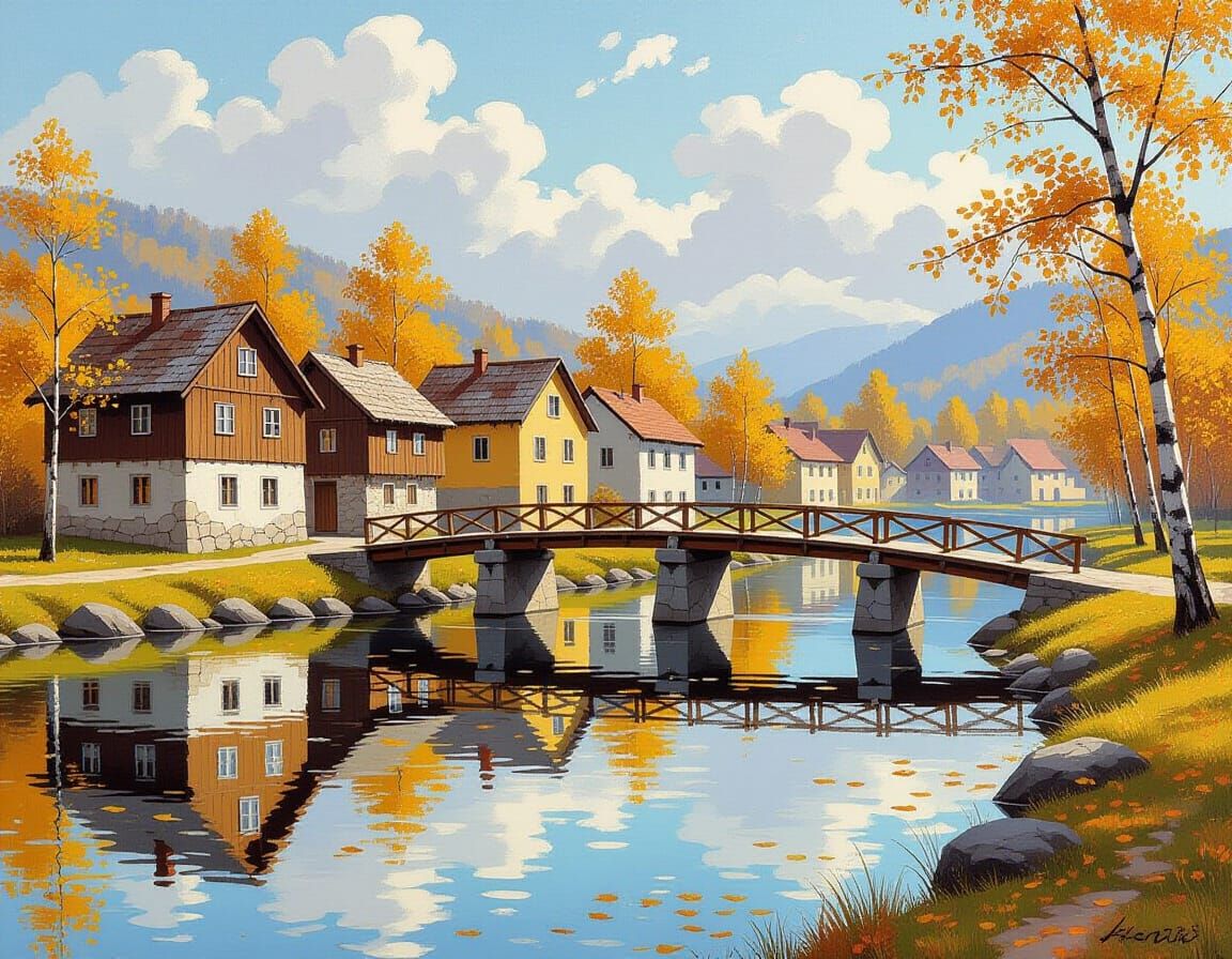 Serene Autumn Village River Scene Painting