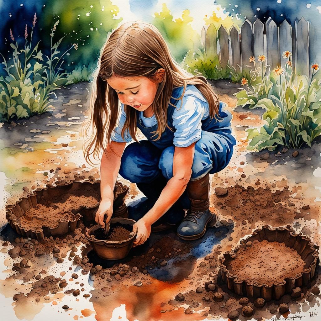 Nostalgic Watercolor: Little Girl Making Mud Pies