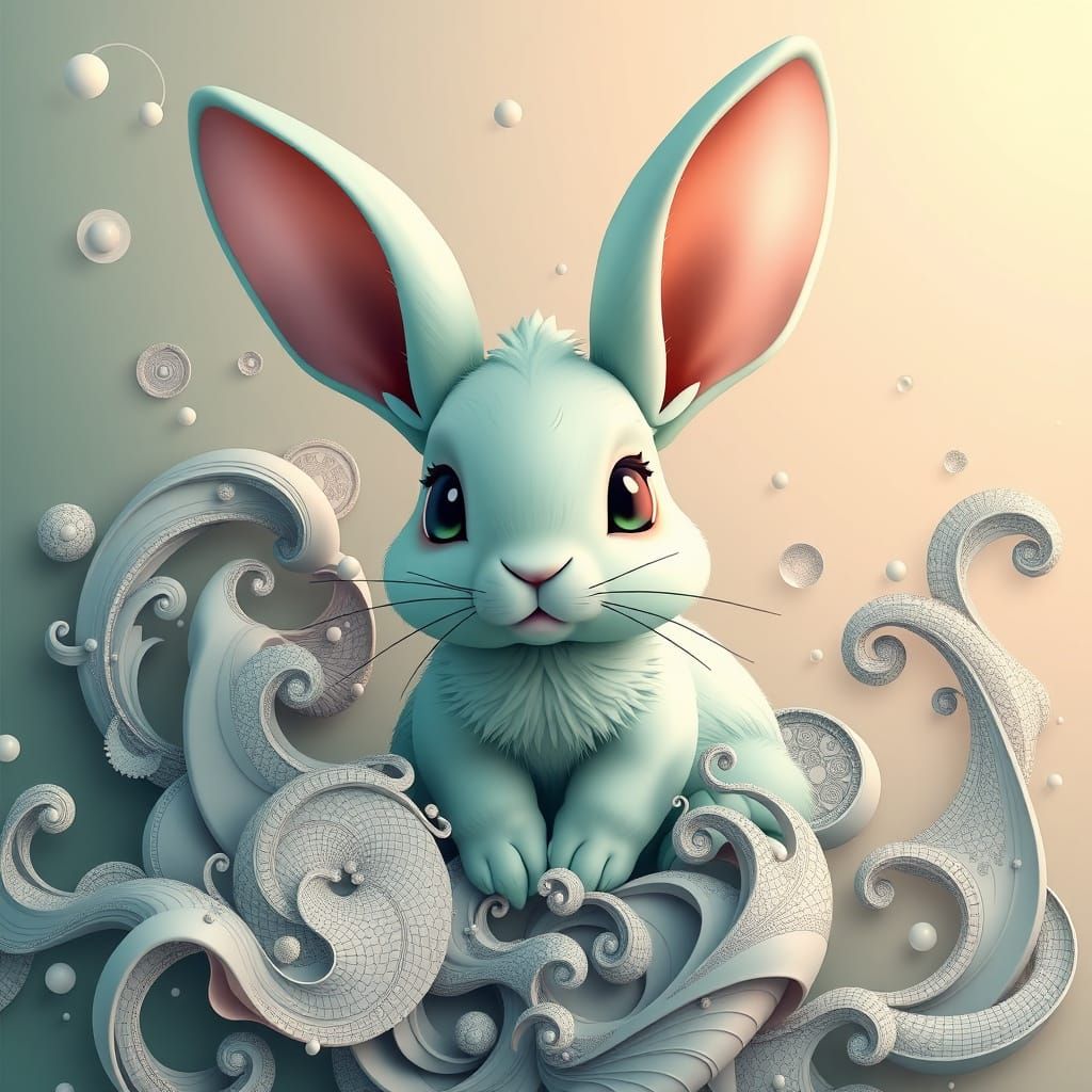 Dreamy Mint Green Rabbit in Cyberpunk Fractal Landscape