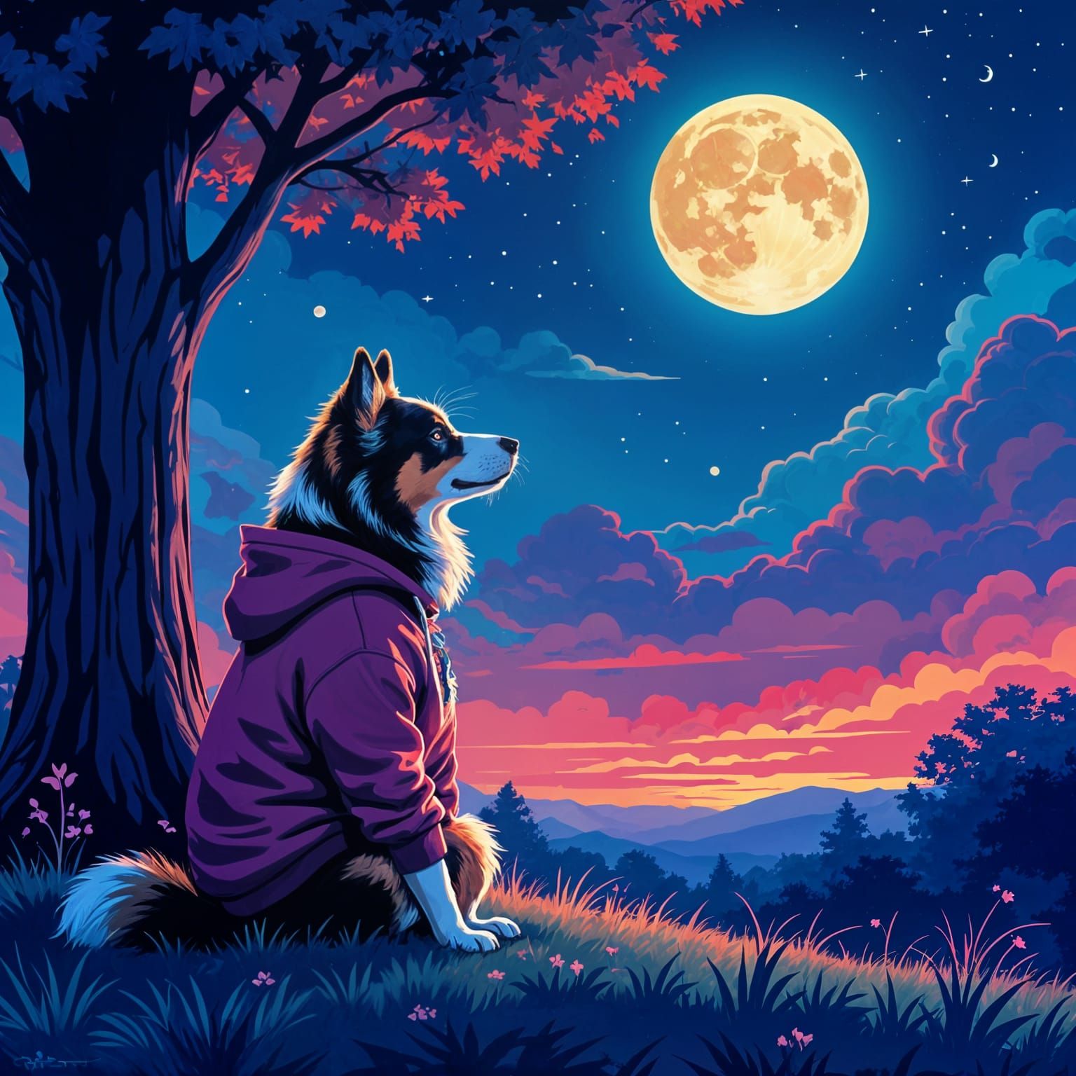 Dog Gazing at Moon in Graffiti Splash Art