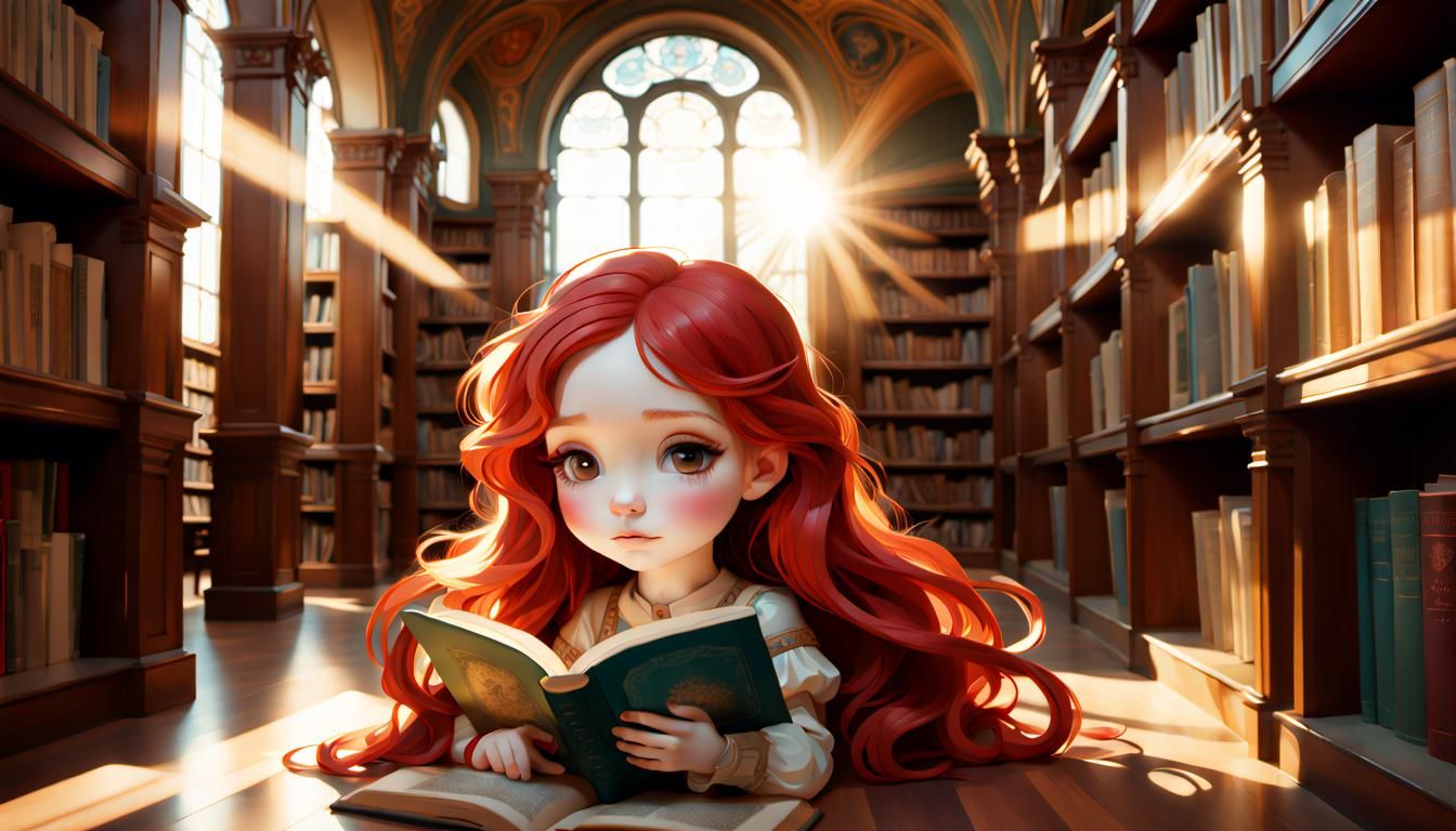 Chibi Woman Reading in Library: Art Nouveau Style