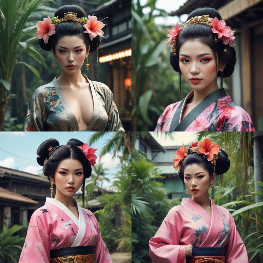 Cyber-GEISHA in tiny-tropical-OASIS,  INDUSTRIAL background Cosmi QUAD Juggernaut v9 Lightning