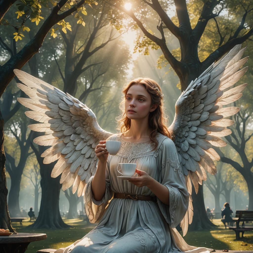 Angel Drinking Coffee: Whimsical Matte Painting