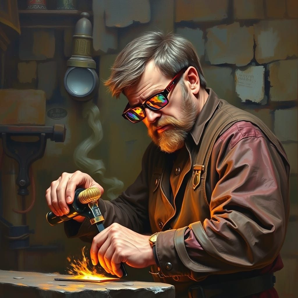 Cyberpunk Blacksmith Forges Iron in Oil Painting