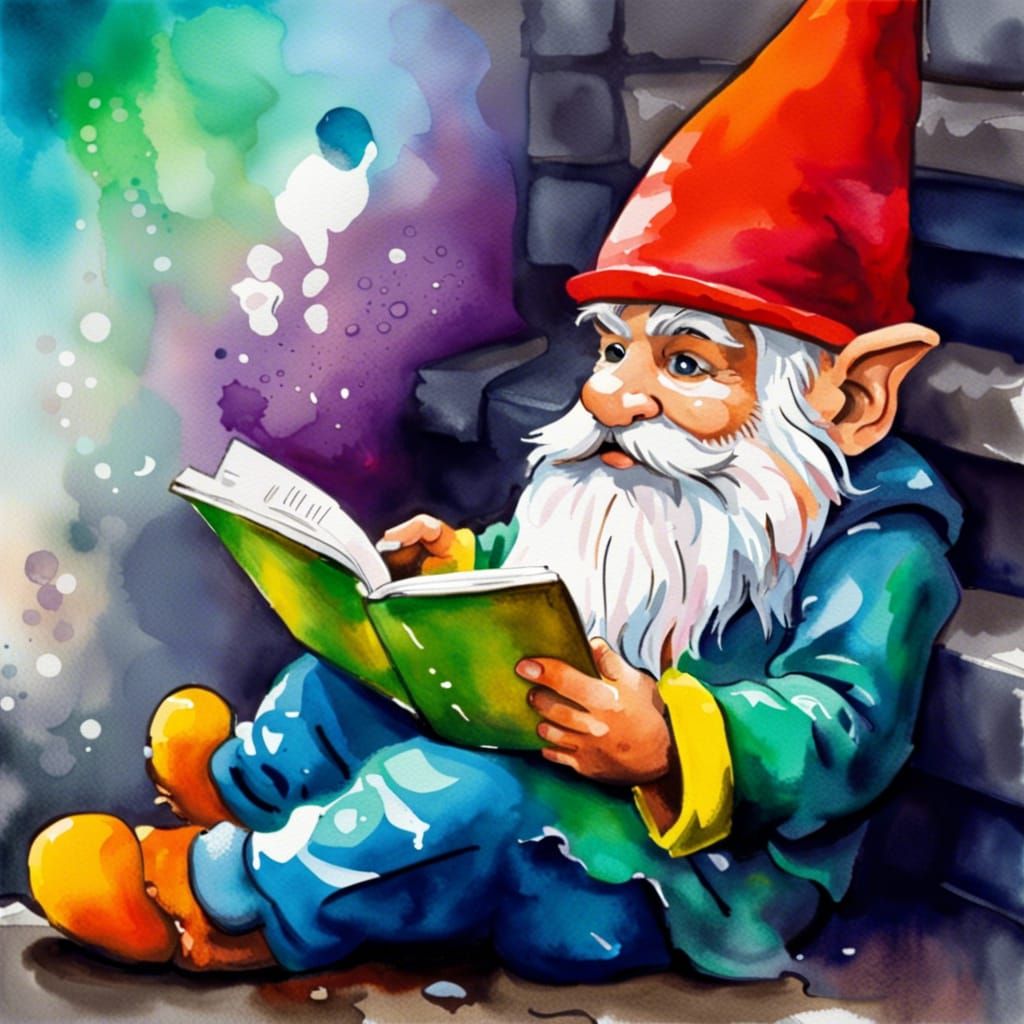 Detailed Gnome Reading: A Watercolor Digital Art