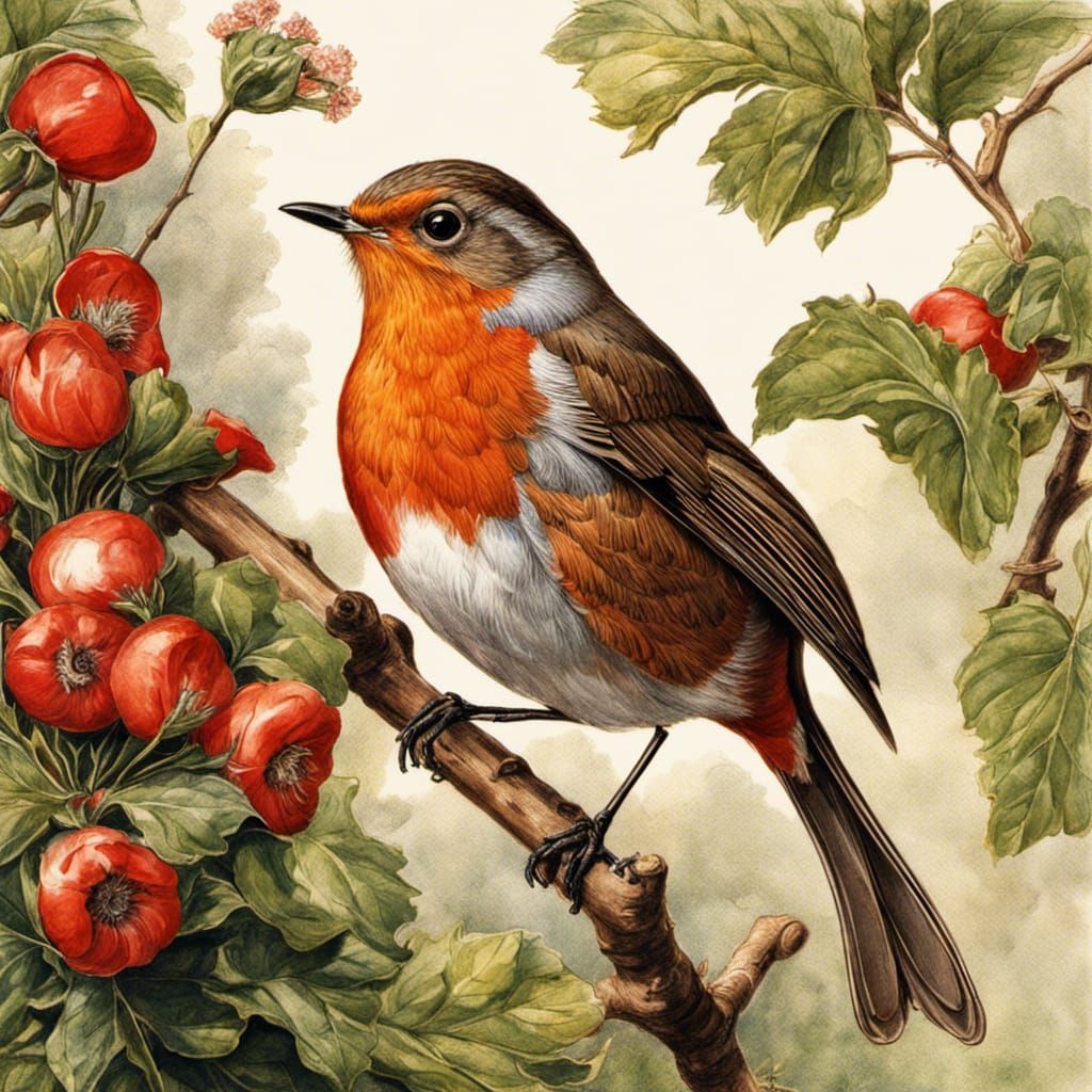 Vintage Illustration of a Red Robin in Edwardian Style