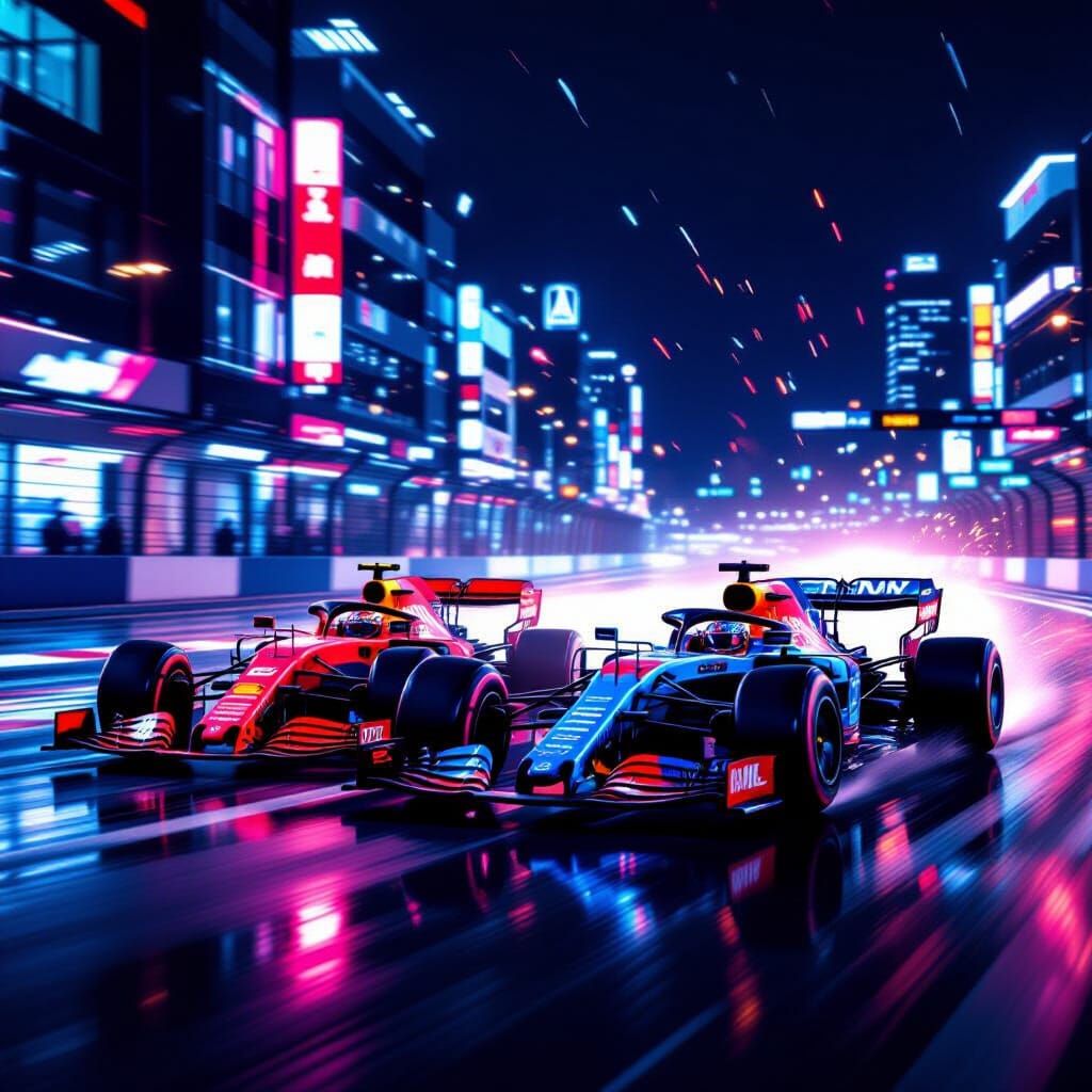 High-Speed Formula 1 Race Cars in Neon Duel