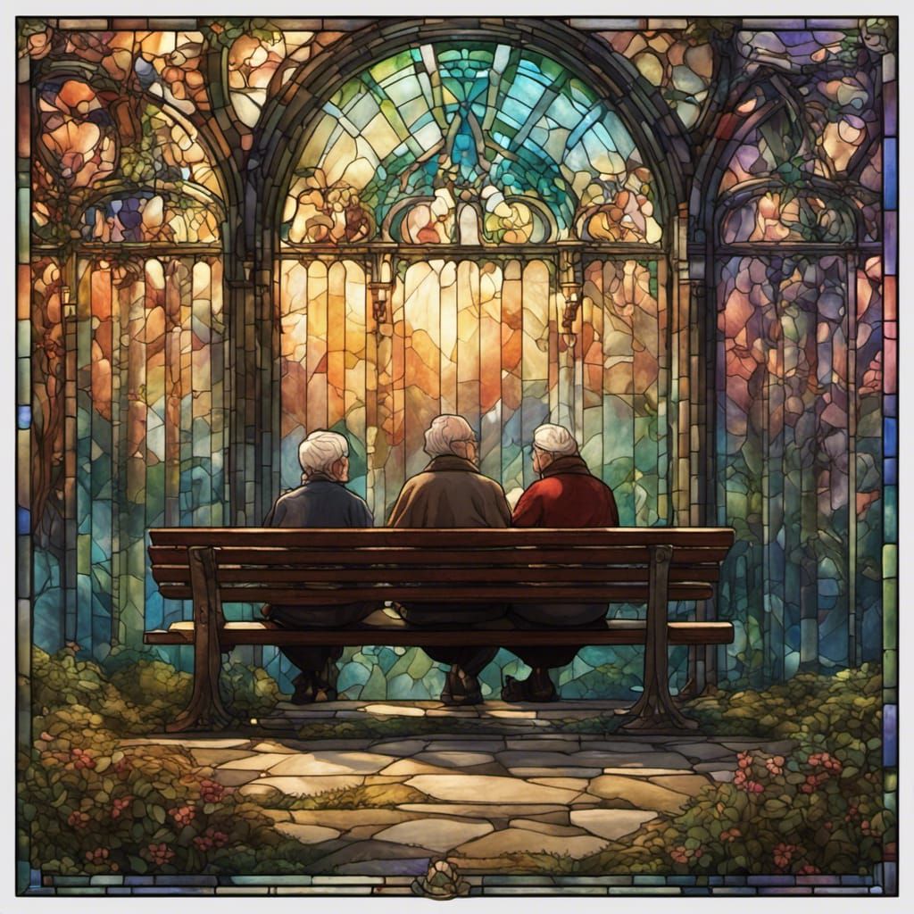 Stained Glass: Old Couple in Park, Detailed Art