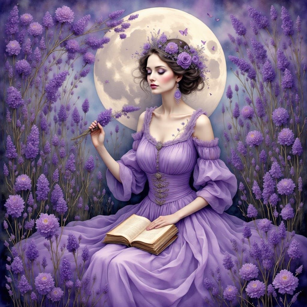 Dreamy Watercolour Portrait of a Lady in Lavender Blooms