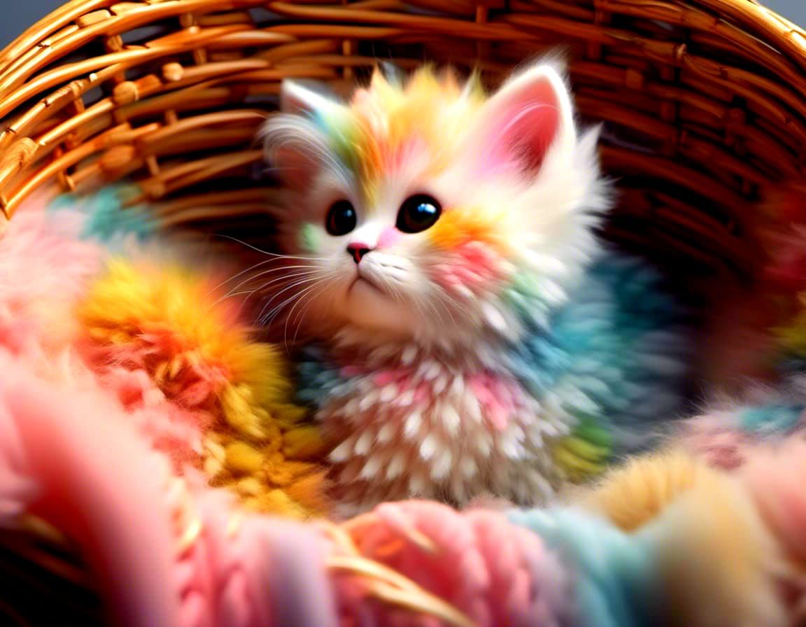 multi coloured rainbow colorful kittens sit in a wicker basket