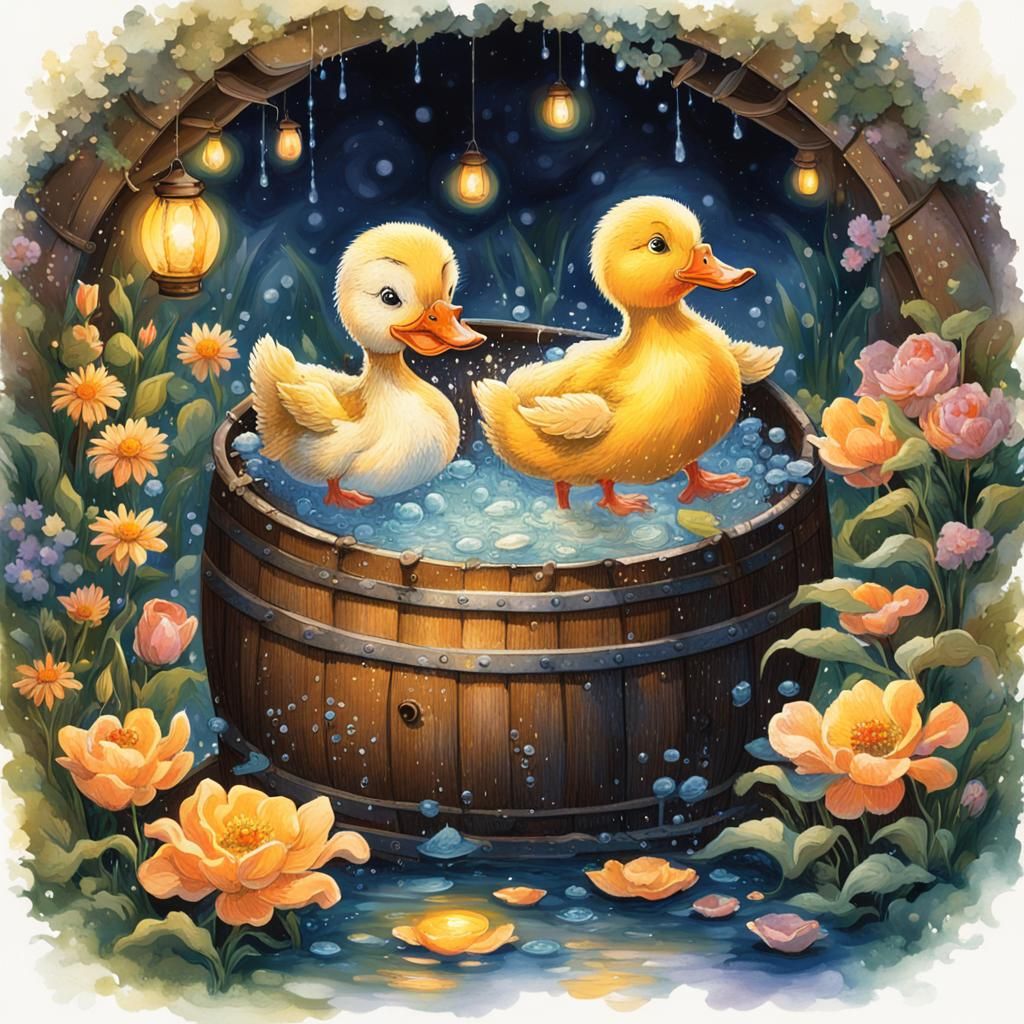 Baby and Duck's Whimsical Bath in Moonlight