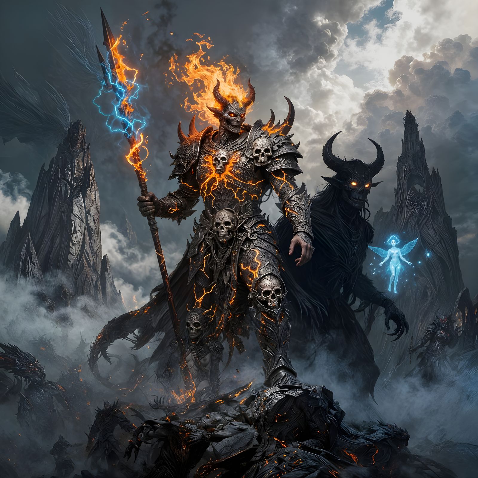 Demonic Warrior with Fiery Aura and Shadow Companion