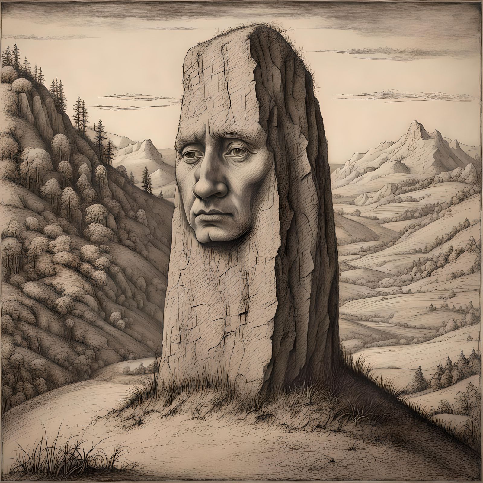 Standing Stone Face in Charcoal Drawing Style
