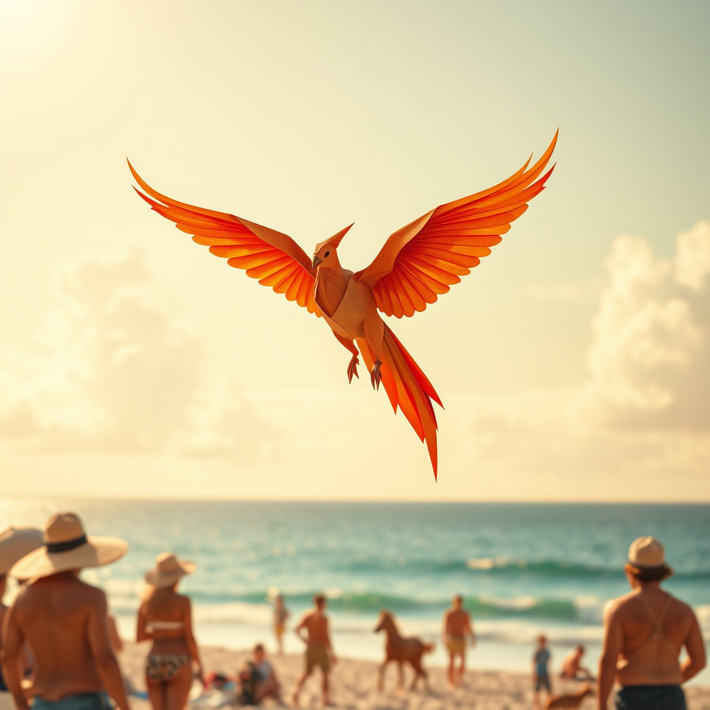 Origami Phoenix Soaring Above a Sunlit Beach
