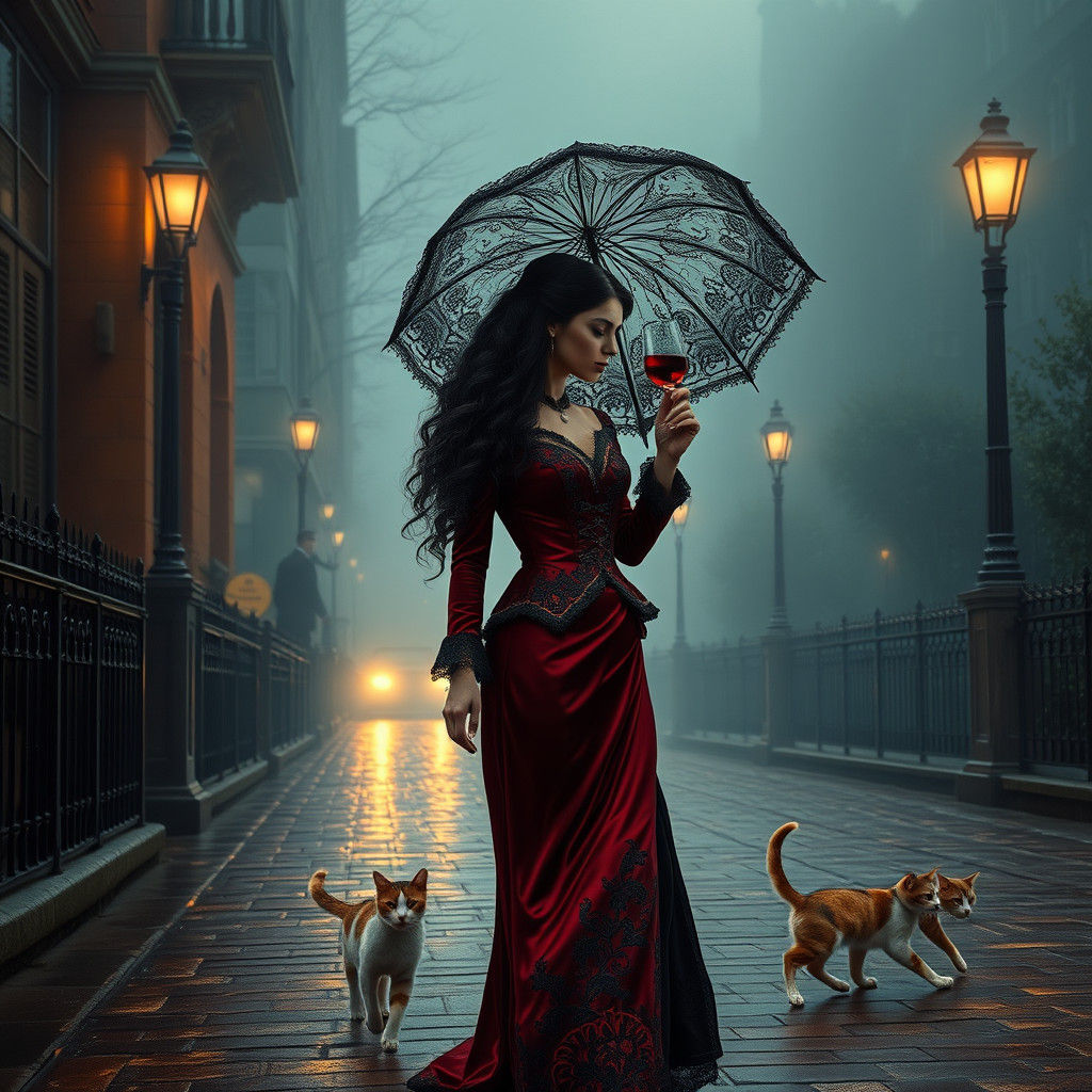 Victorian Woman in Misty Street, Detailed Matte Painting