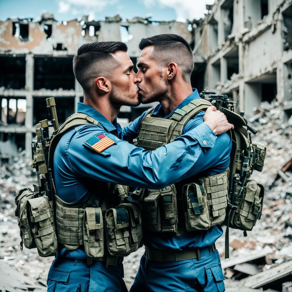 Gay Soldiers Kissing in War-Torn Cityscape