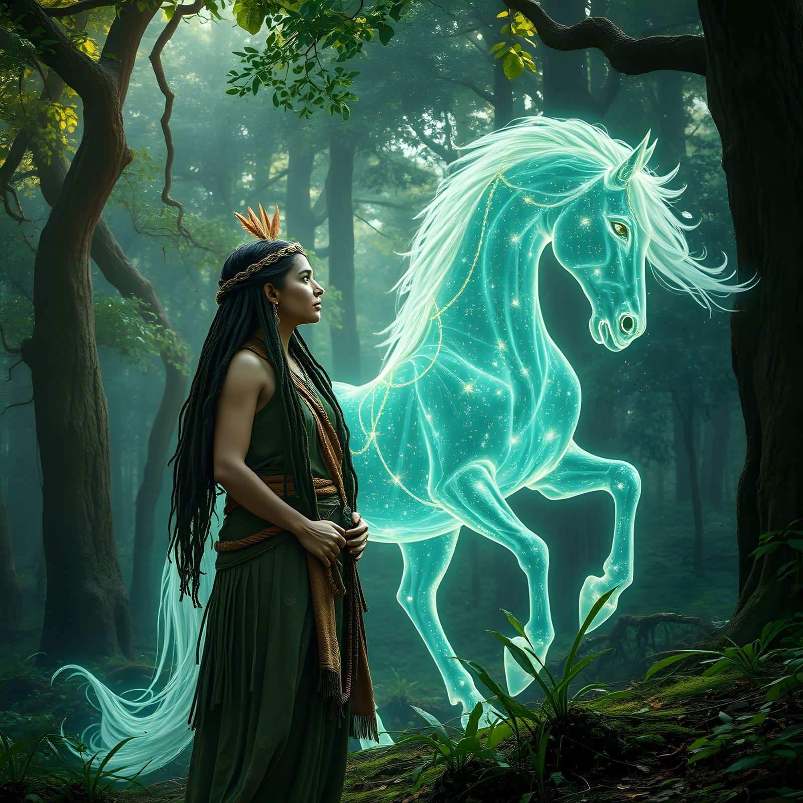 Surreal Shaman Woman in Lush Forest Engaged in Ethereal Conv...