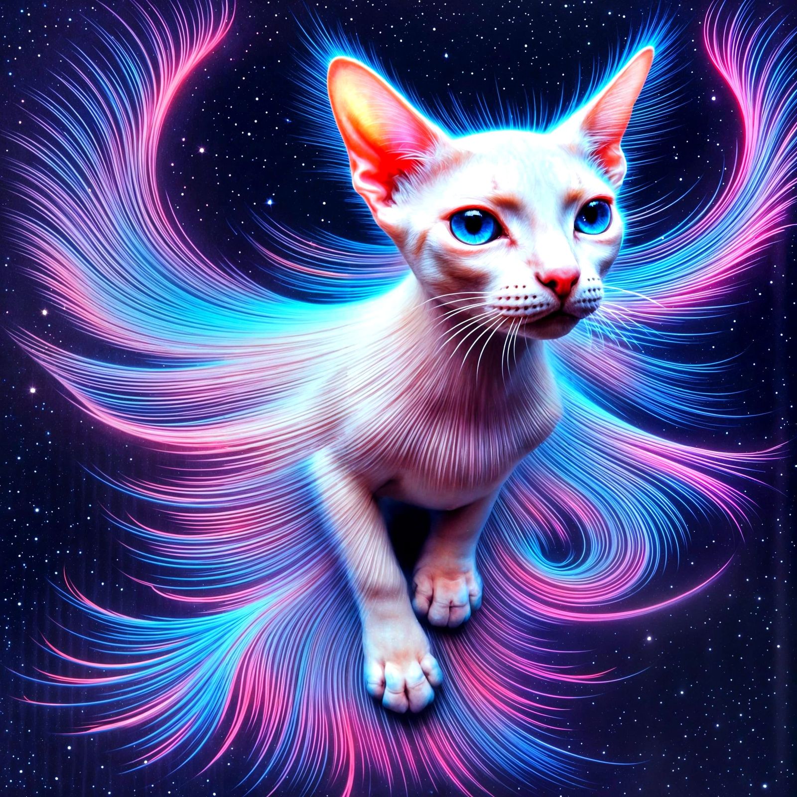Surreal Sphynx Cat with Iridescent Skin and Aura