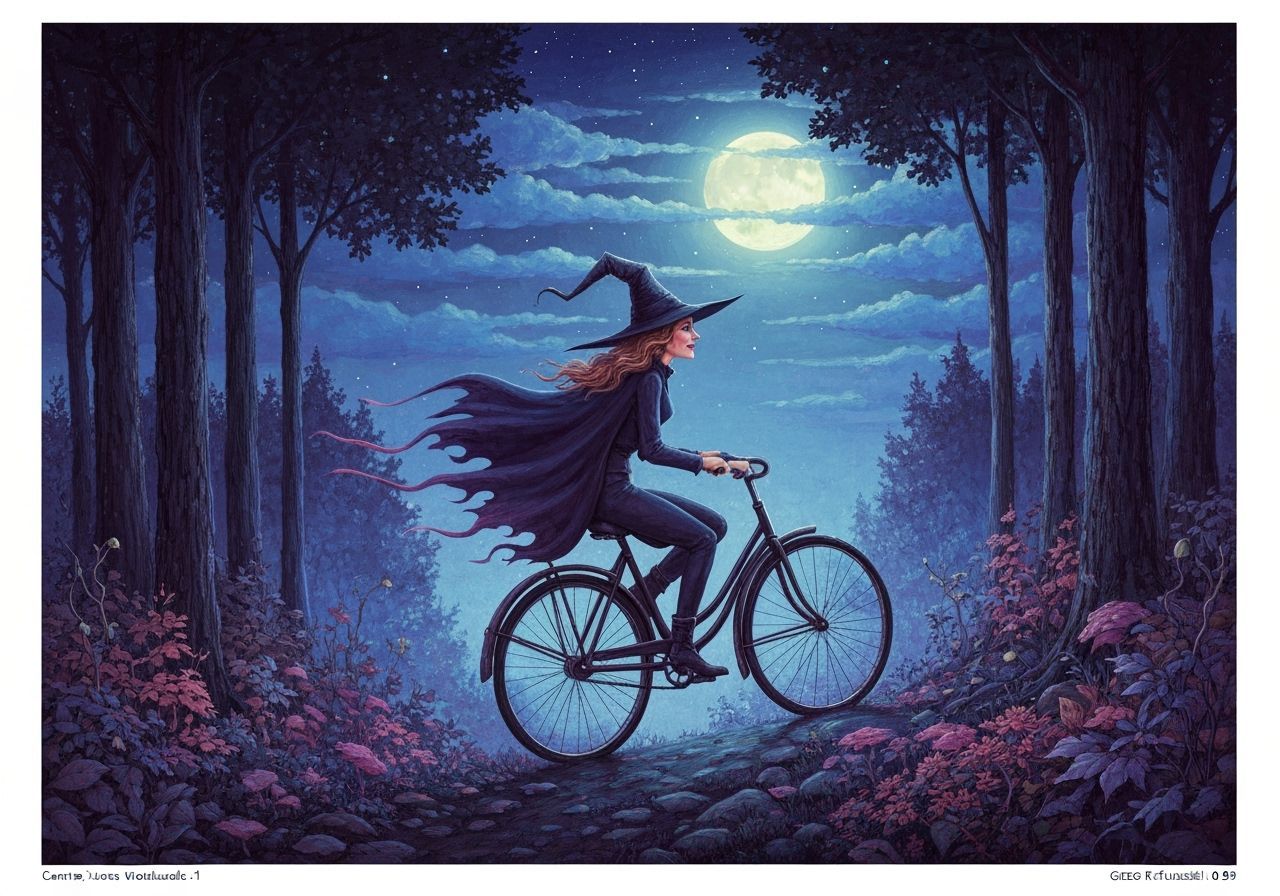 Witch Riding Bicycle in Night Sky