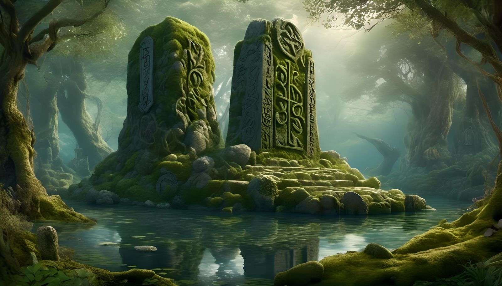Elven Runestone Monolith in Forest Lake