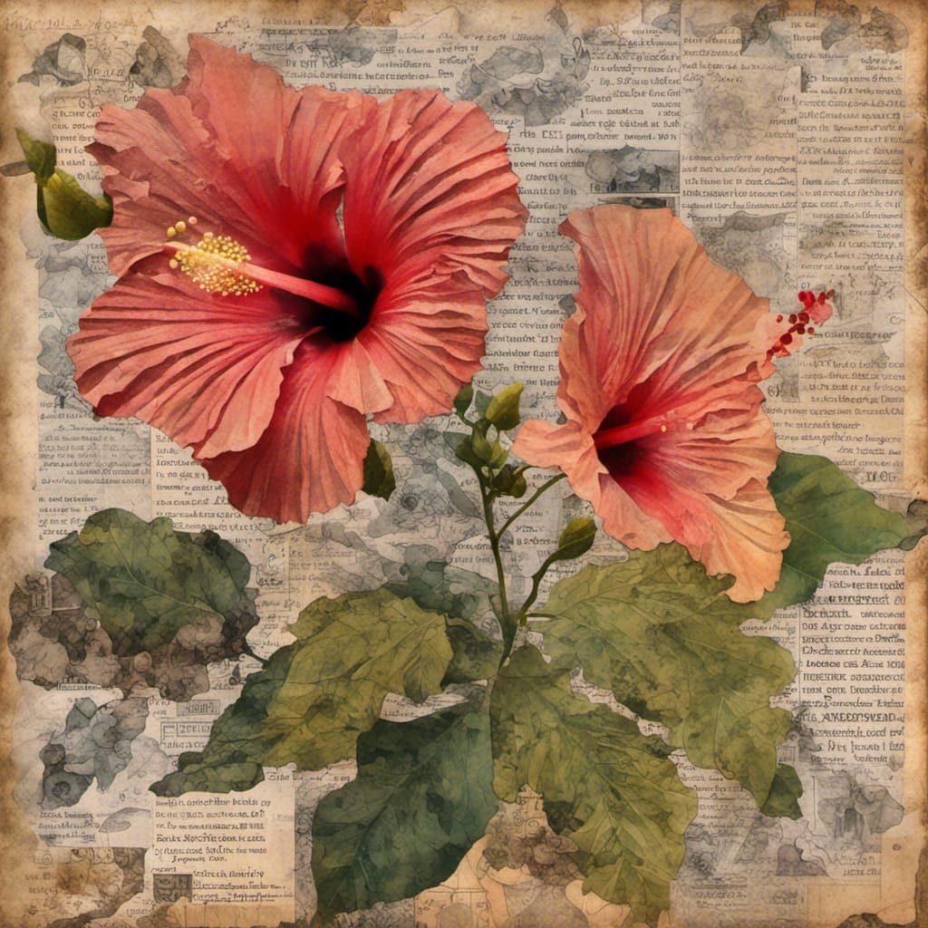 Hibiscus Blossoms in Mixed-Media Collage