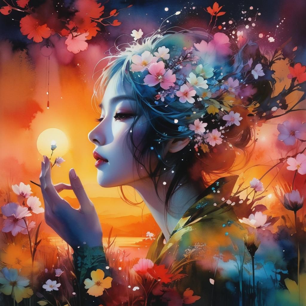 Dreamy Lake Glade at Twilight in Watercolor Style