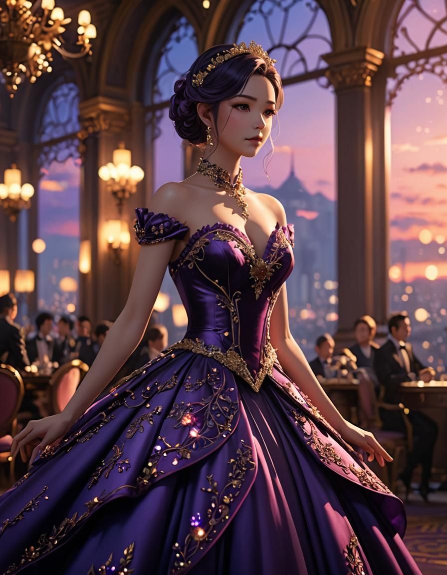 Velvet Purple Gown in Anime Art Style
