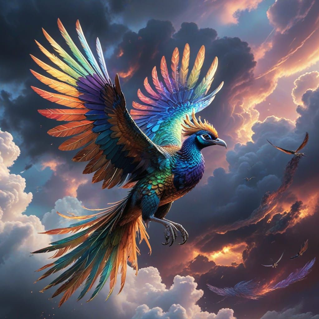 Mythical Iridescent Bird Soars Through Celestial Realms