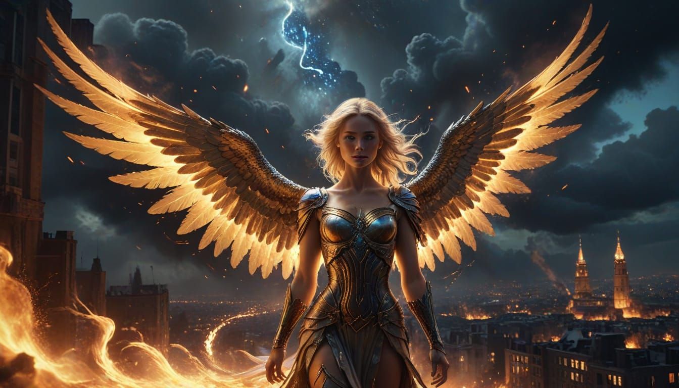 MAGNIFIQUE ANGE BLONDS, yeux bleus,  GRANDES AILES DEPLOYEES QUI SURVOLE LE CIEL ETOILEE AU DESSUS d'un incendie dans LA...