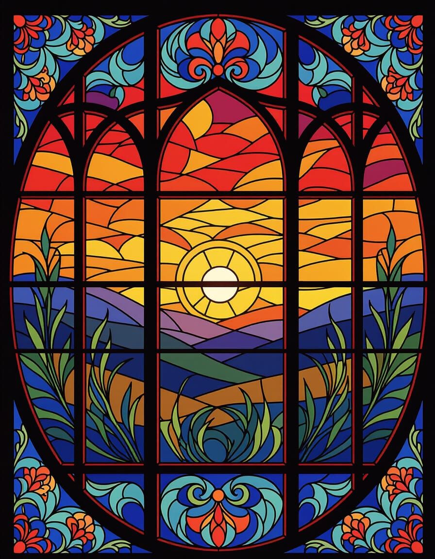 Kaleidoscopic Stained Glass Sunset in Art Nouveau Style