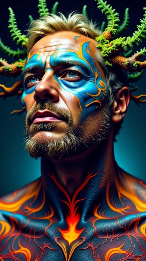 Fractal-Faced Man in Surreal Biomechanical Dreamscape