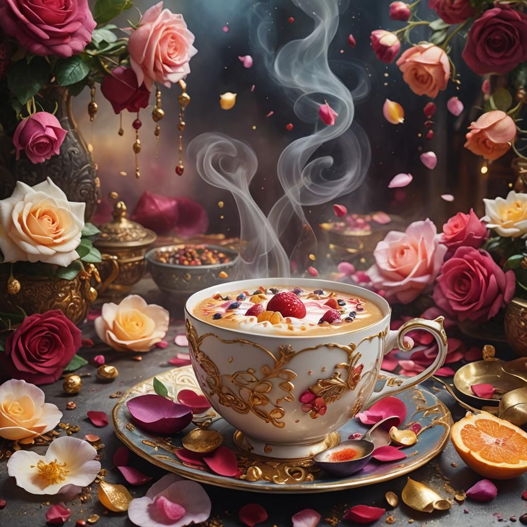 Fantastical Coffee Cup Overflowing with Flowers and Fruit